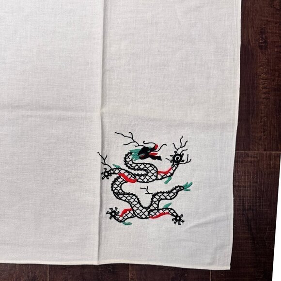 Vintage Embroidered Dragon Tablecloth - Intricate Asian-Inspired Design 34"x37" - Picture 6 of 8